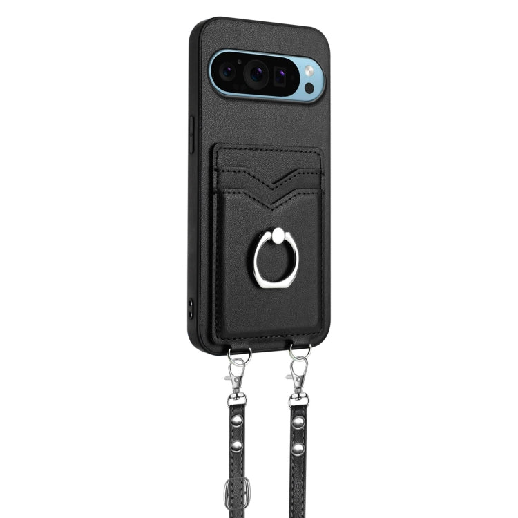 For Google Pixel 9 Pro XL R20 Crossbody Rope Ring Card Holder Phone Case(Black)