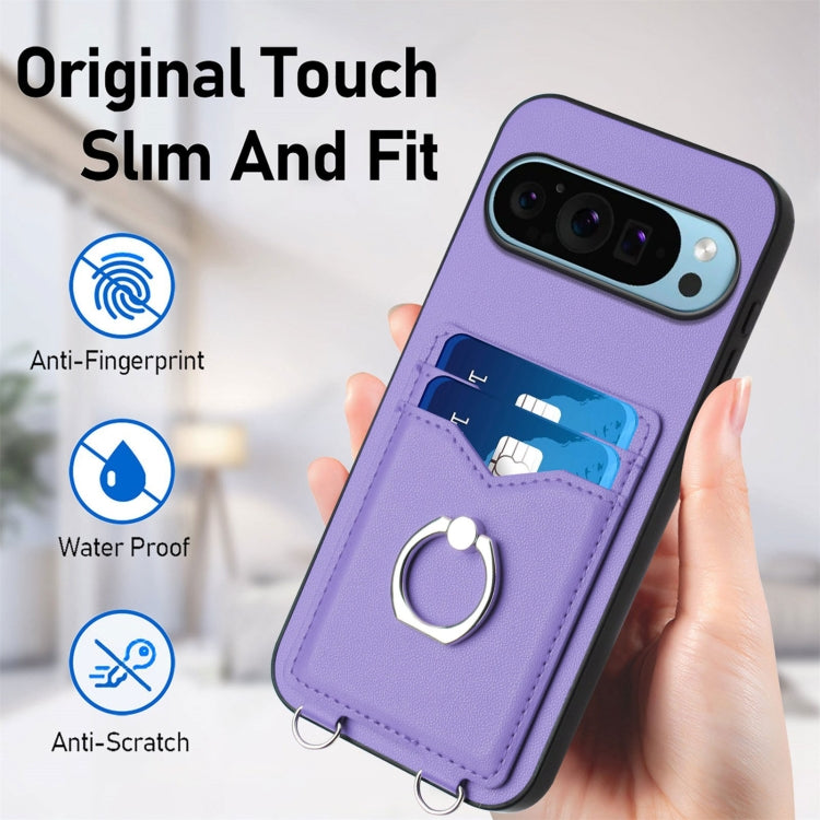 For Google Pixel 9 Pro XL R20 Crossbody Rope Ring Card Holder Phone Case(Purple)
