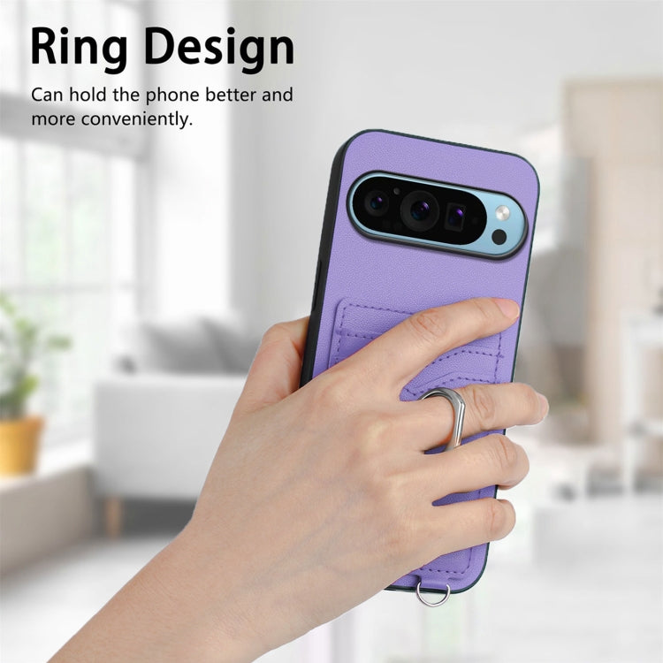 For Google Pixel 9 Pro XL R20 Crossbody Rope Ring Card Holder Phone Case(Purple)