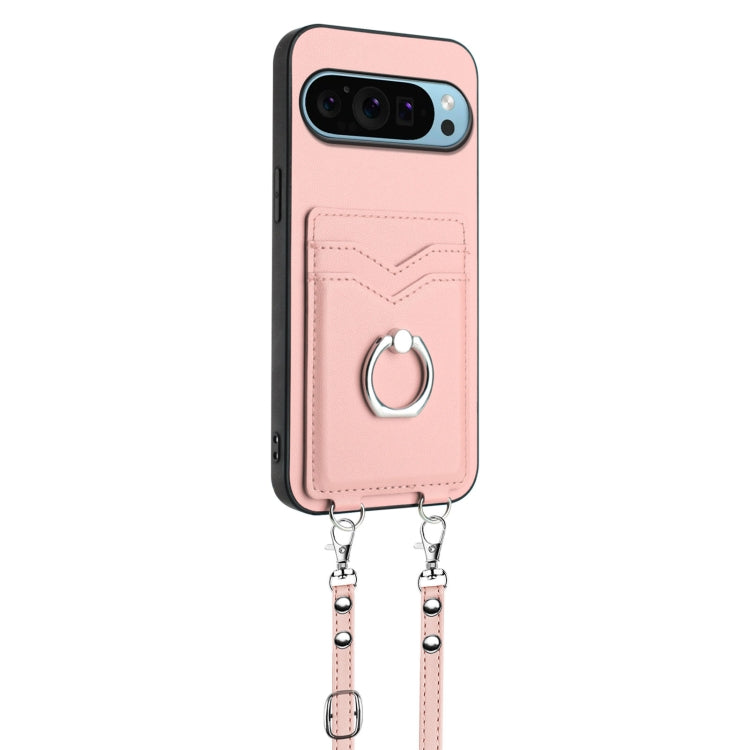 For Google Pixel 9 / 9 Pro R20 Crossbody Rope Ring Card Holder Phone Case(Pink)