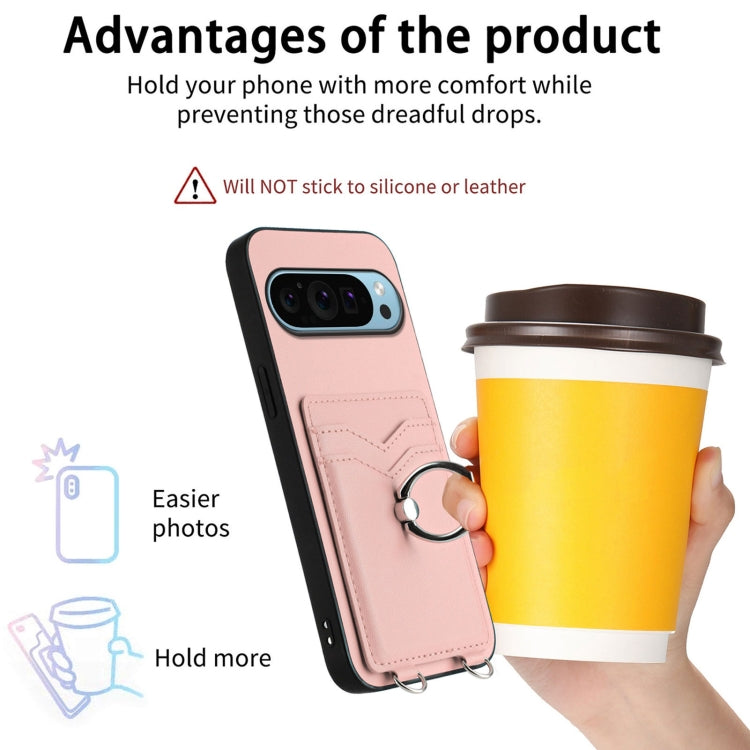 For Google Pixel 9 / 9 Pro R20 Crossbody Rope Ring Card Holder Phone Case(Pink)