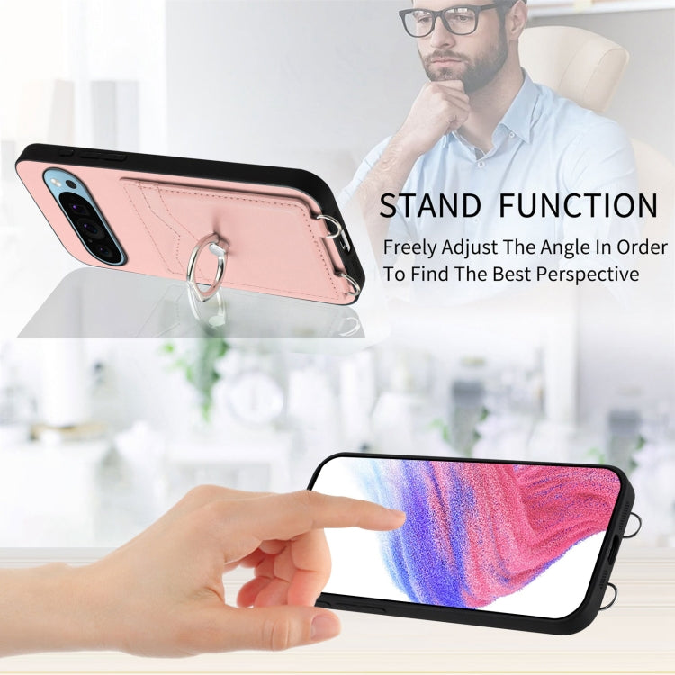 For Google Pixel 9 / 9 Pro R20 Crossbody Rope Ring Card Holder Phone Case(Pink)