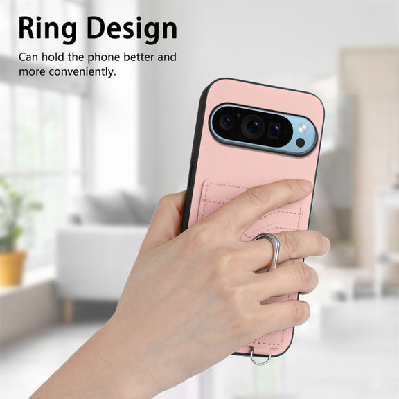 For Google Pixel 9 / 9 Pro R20 Crossbody Rope Ring Card Holder Phone Case(Pink)