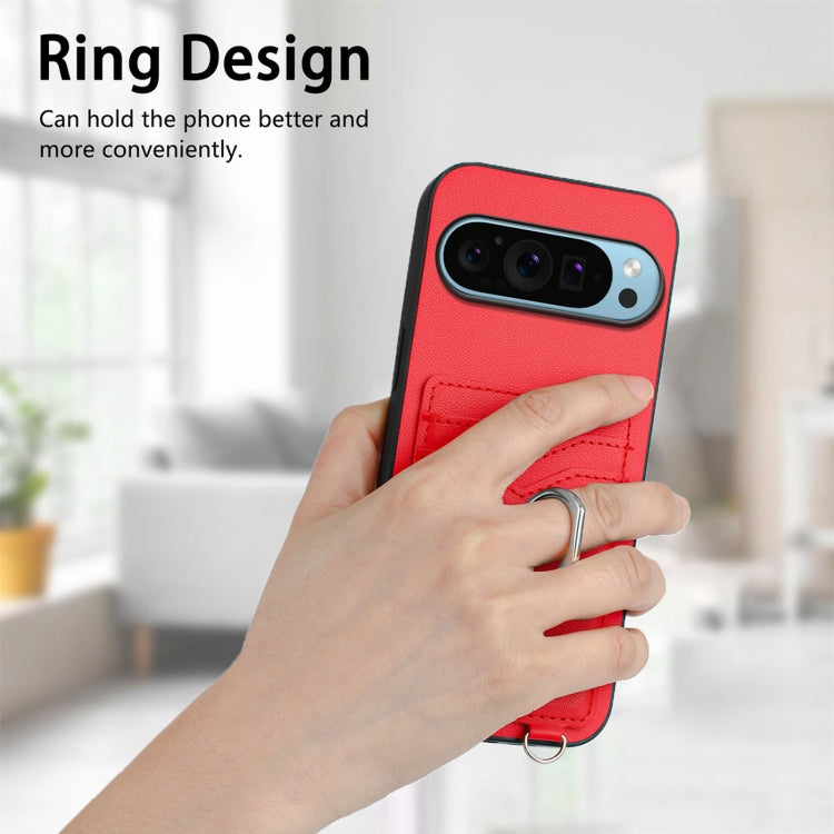 For Google Pixel 9 / 9 Pro R20 Crossbody Rope Ring Card Holder Phone Case(Red)