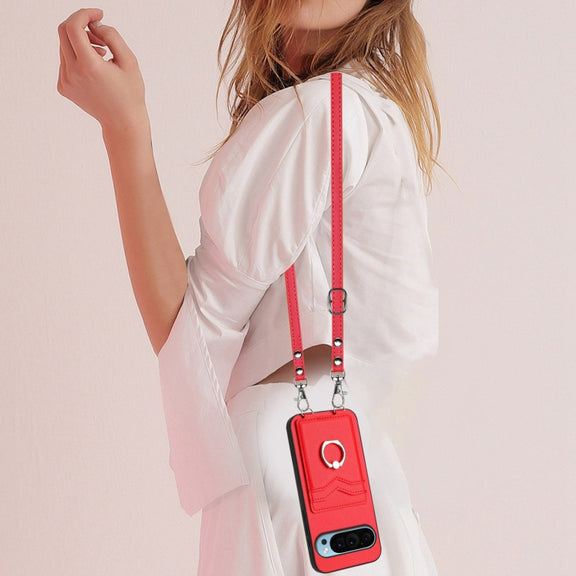 For Google Pixel 9 / 9 Pro R20 Crossbody Rope Ring Card Holder Phone Case(Red)