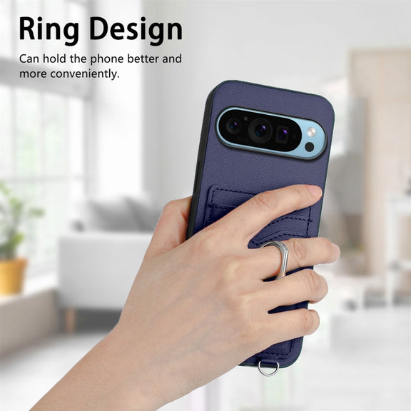 For Google Pixel 9 / 9 Pro R20 Crossbody Rope Ring Card Holder Phone Case(Blue)