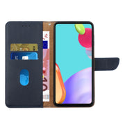 For Samsung Galaxy S24 FE HT02 Genuine Leather Fingerprint-proof Flip Phone Case(Blue)