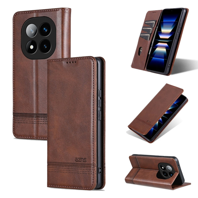 For Redmi Note 14 Pro 5G AZNS Magnetic Calf Texture Flip Leather Phone Case(Dark Brown)