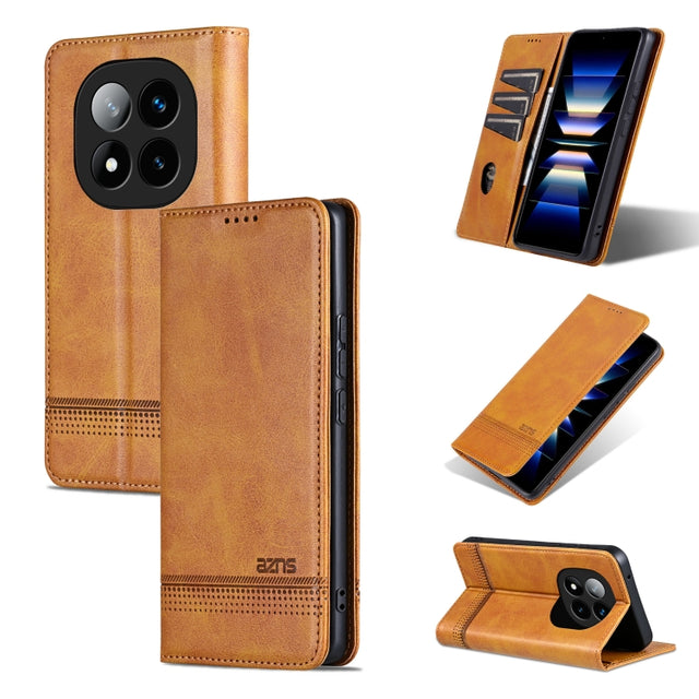 For Redmi Note 14 Pro+ 5G AZNS Magnetic Calf Texture Flip Leather Phone Case(Light Brown)