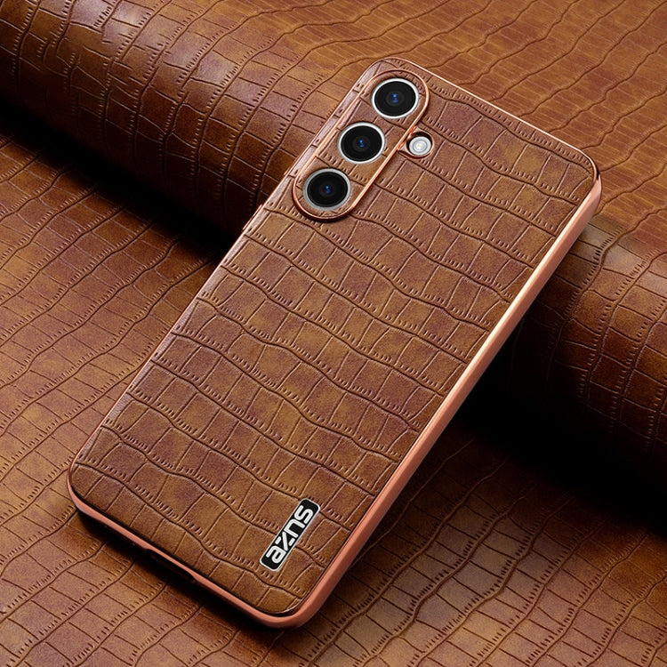 For Samsung Galaxy S25+ 5G AZNS Electroplated Frame Crocodile Texture Full Coverage Phone Case(Brown)