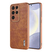 For Samsung Galaxy S25 Ultra 5G AZNS Electroplated Frame Crocodile Texture Full Coverage Phone Case(Brown)