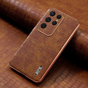 For Samsung Galaxy S25 Ultra 5G AZNS Electroplated Frame Crocodile Texture Full Coverage Phone Case(Brown)