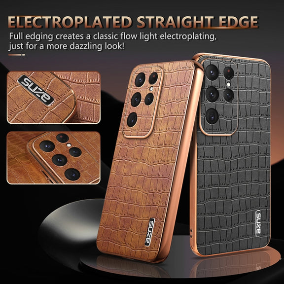 For Samsung Galaxy S25 Ultra 5G AZNS Electroplated Frame Crocodile Texture Full Coverage Phone Case(Green)