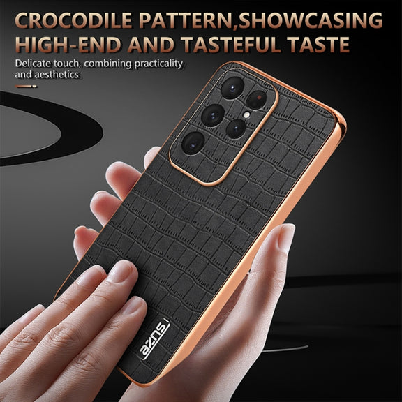 For Samsung Galaxy S25 Ultra 5G AZNS Electroplated Frame Crocodile Texture Full Coverage Phone Case(Blue)