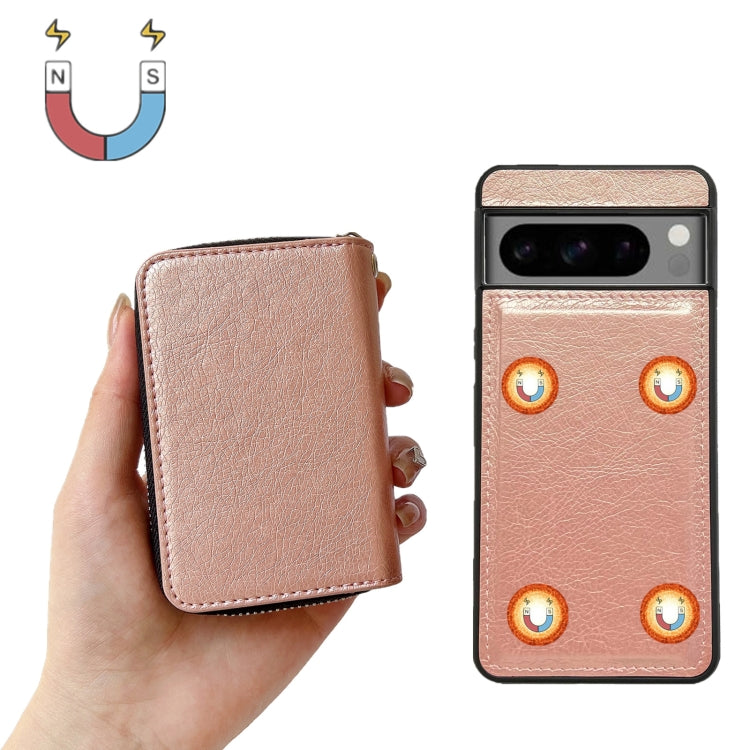 For Google Pixel 9 Pro XL Solid Color Zipper 11-Card Slots Bag Phone Case with Lanyard(Rose Gold)