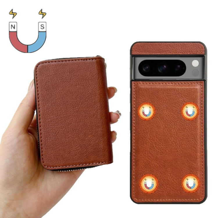 For Google Pixel 8a Solid Color Zipper 11-Card Slots Bag Phone Case with Lanyard(Brown)