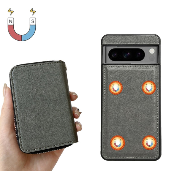 For Google Pixel 7 Pro Solid Color Zipper 11-Card Slots Bag Phone Case with Lanyard(Grey)