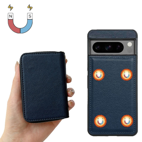 For Google Pixel 7 Solid Color Zipper 11-Card Slots Bag Phone Case with Lanyard(Blue)