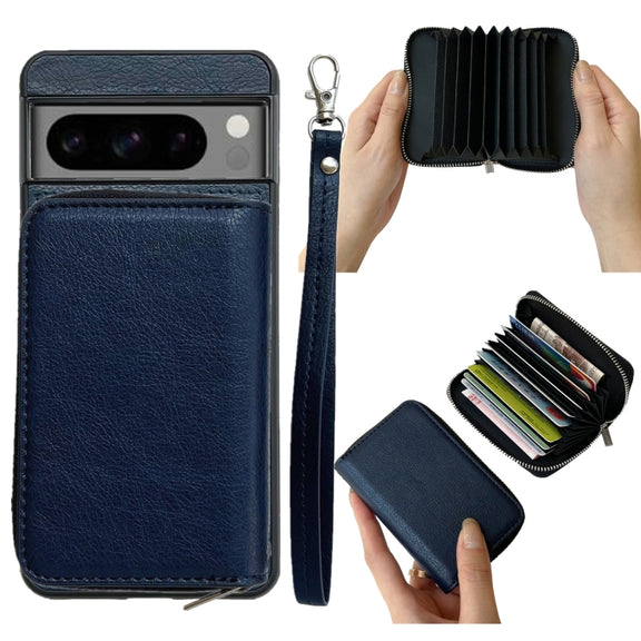 For Google Pixel 7 Solid Color Zipper 11-Card Slots Bag Phone Case with Lanyard(Blue)