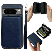 For Google Pixel 6 Solid Color Zipper 11-Card Slots Bag Phone Case with Lanyard(Blue)