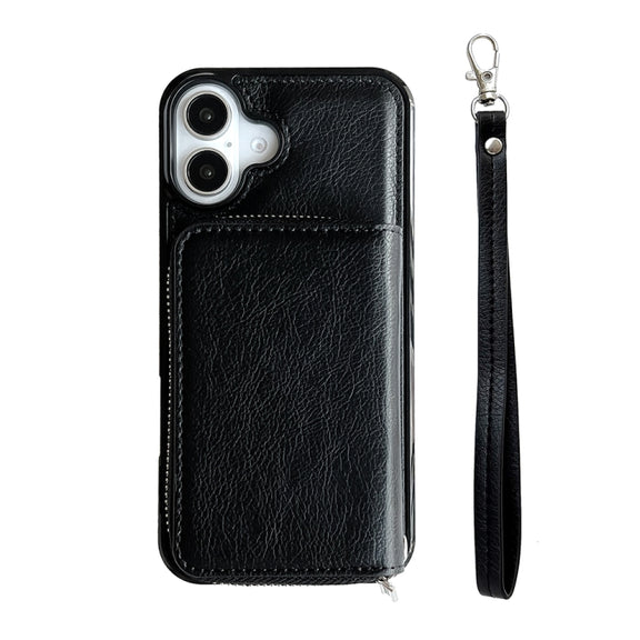 For iPhone 16 Plus Solid Color Zipper 11-Card Slots Bag Phone Case with Lanyard(Black)