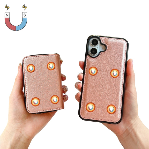 For iPhone 16 Solid Color Zipper 11-Card Slots Bag Phone Case with Lanyard(Rose Gold)