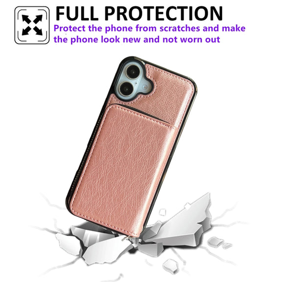 For iPhone 16 Solid Color Zipper 11-Card Slots Bag Phone Case with Lanyard(Rose Gold)