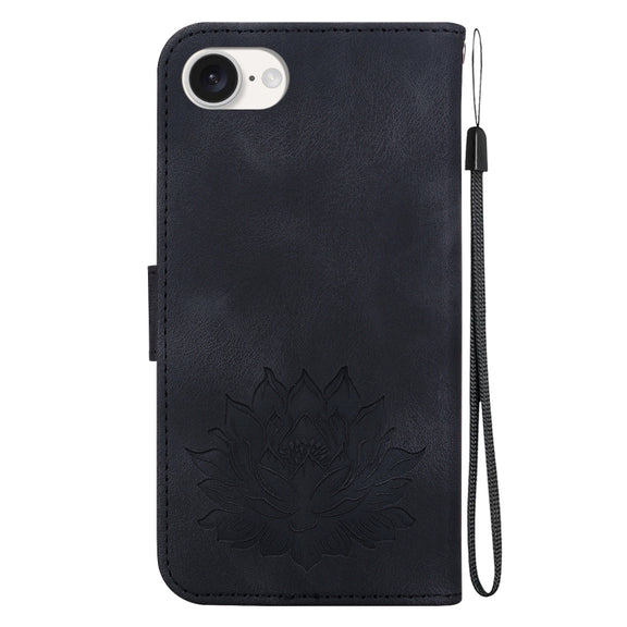 For iPhone 16e Lotus Embossed Leather Phone Case(Black)