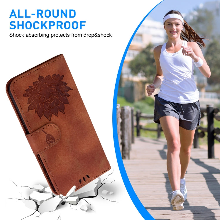 For iPhone 16 Pro Max Lotus Embossed Leather Phone Case(Brown)