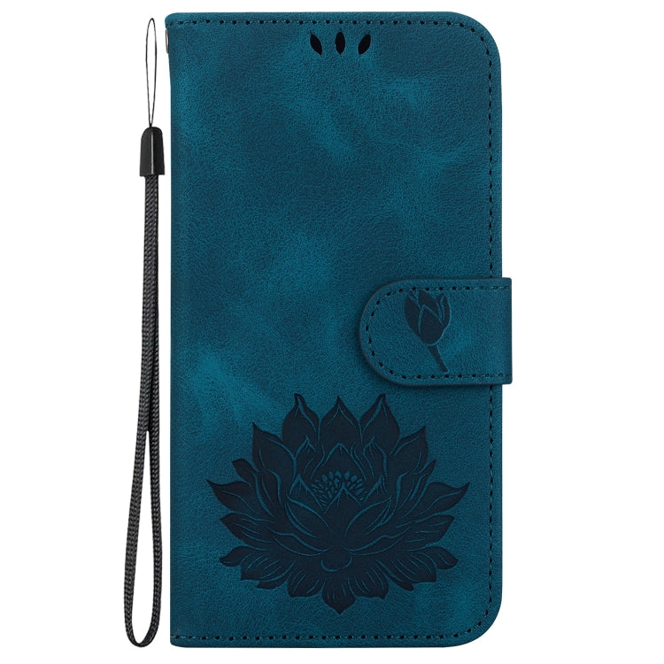 For iPhone 16 Lotus Embossed Leather Phone Case(Dark Blue)