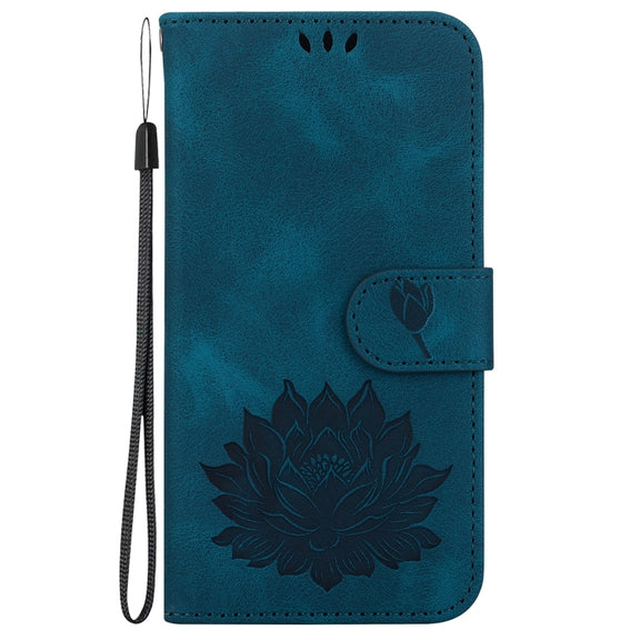 For iPhone 16 Lotus Embossed Leather Phone Case(Dark Blue)