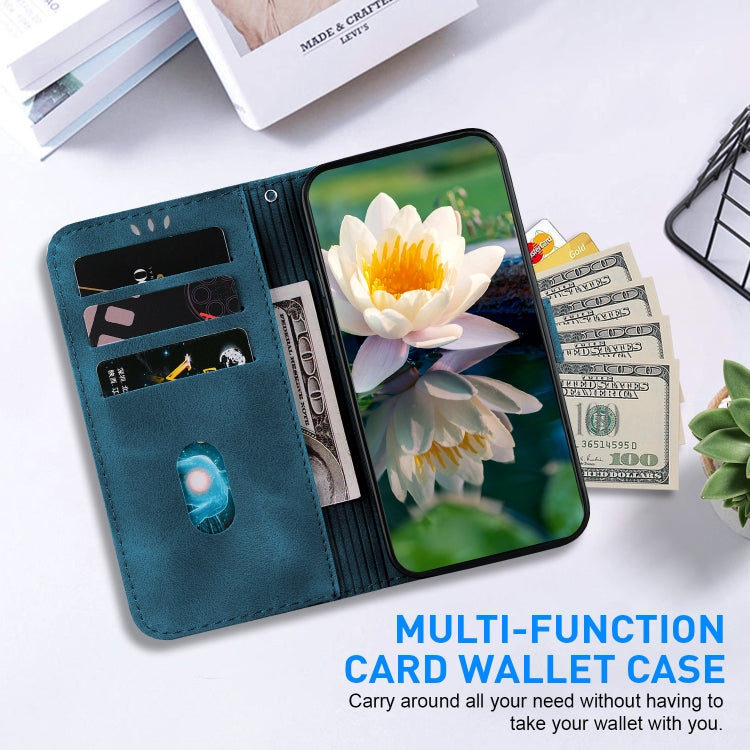 For iPhone 16 Lotus Embossed Leather Phone Case(Dark Blue)