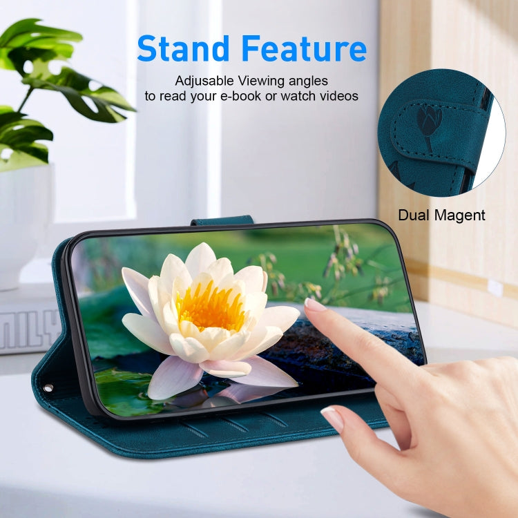 For iPhone 16 Lotus Embossed Leather Phone Case(Dark Blue)