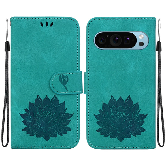 For Google Pixel 9 Pro Lotus Embossed Leather Phone Case(Green)