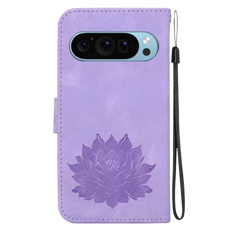 For Google Pixel 9 Pro Lotus Embossed Leather Phone Case(Purple)