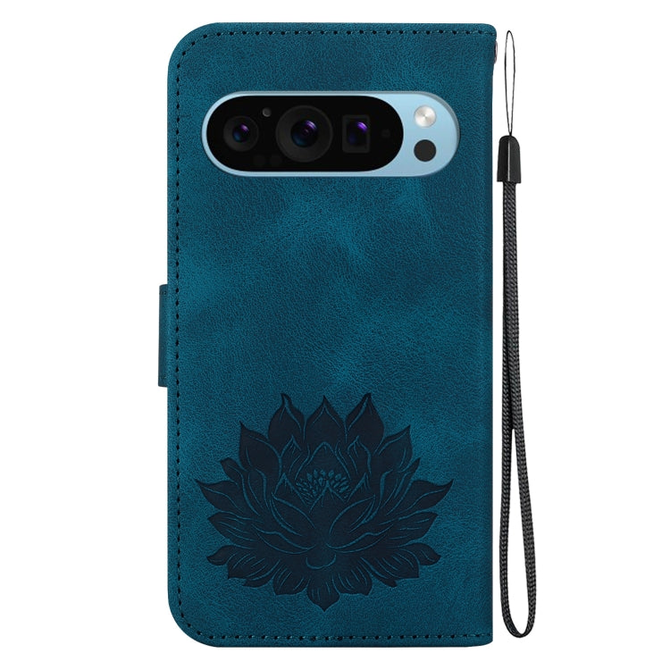 For Google Pixel 9 Lotus Embossed Leather Phone Case(Dark Blue)