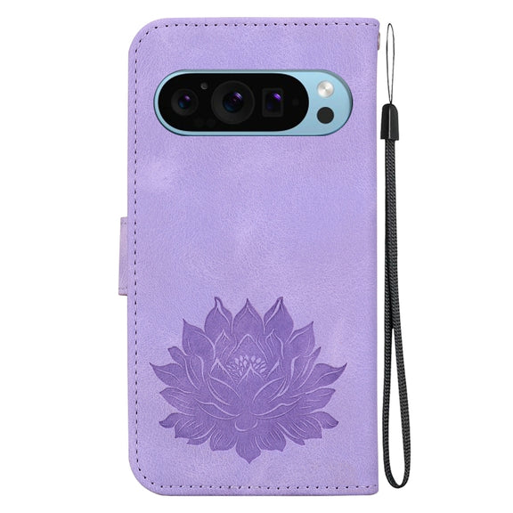For Google Pixel 9 Lotus Embossed Leather Phone Case(Purple)