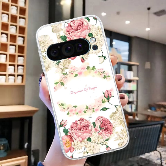 For Google Pixel 9 Colored Drawing Pattern Transparent TPU Phone Case(Rose)