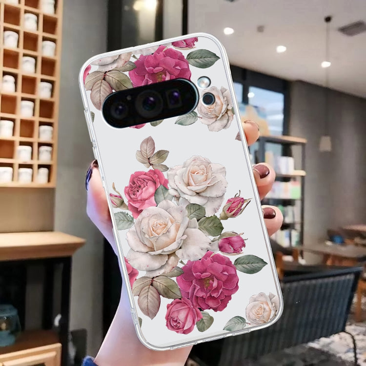 For Google Pixel 9 Colored Drawing Pattern Transparent TPU Phone Case(Peony)