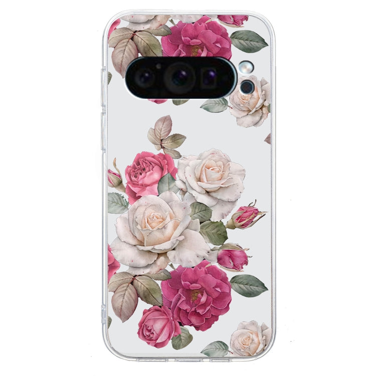 For Google Pixel 9 Colored Drawing Pattern Transparent TPU Phone Case(Peony)