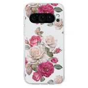 For Google Pixel 9 Colored Drawing Pattern Transparent TPU Phone Case(Peony)