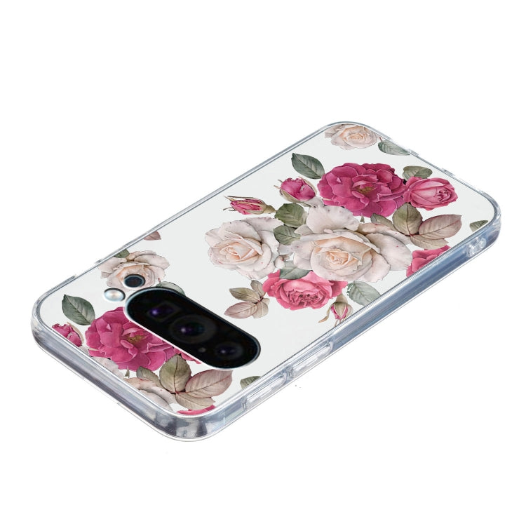 For Google Pixel 9 Colored Drawing Pattern Transparent TPU Phone Case(Peony)