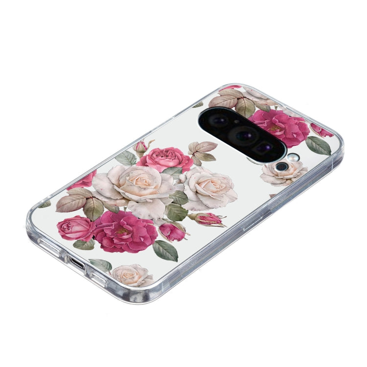 For Google Pixel 9 Colored Drawing Pattern Transparent TPU Phone Case(Peony)