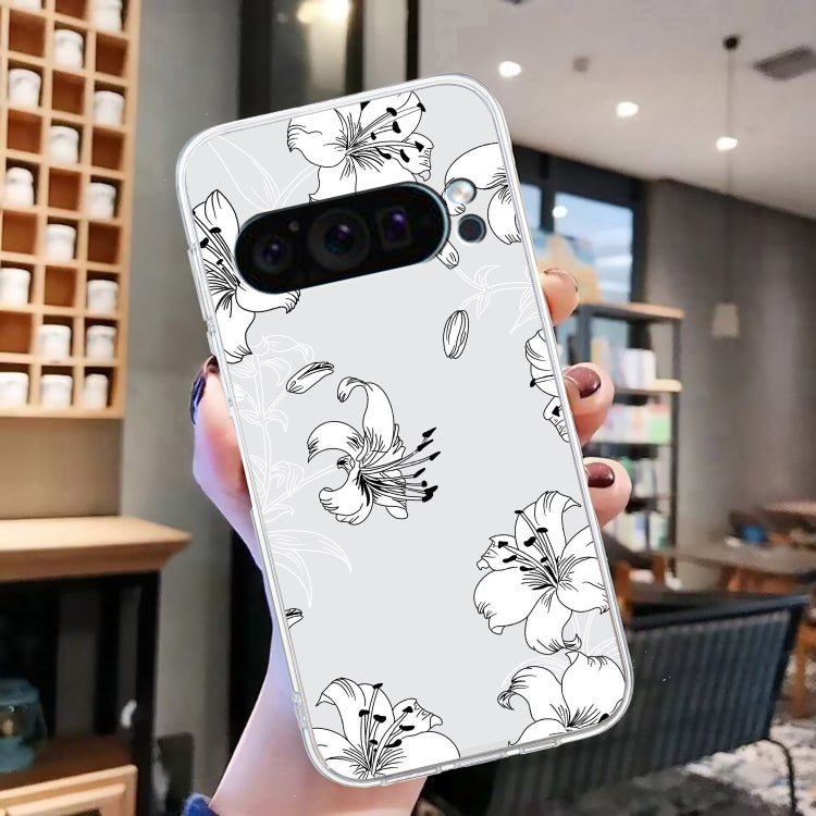 For Google Pixel 9 Pro Colored Drawing Pattern Transparent TPU Phone Case(White Flower)