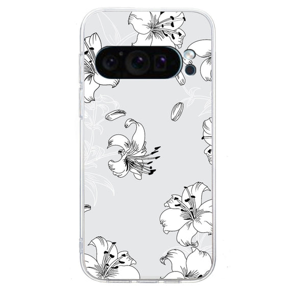 For Google Pixel 9 Pro Colored Drawing Pattern Transparent TPU Phone Case(White Flower)