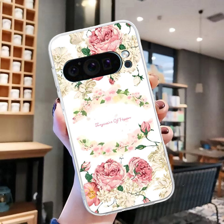 For Google Pixel 9 Pro Colored Drawing Pattern Transparent TPU Phone Case(Rose)