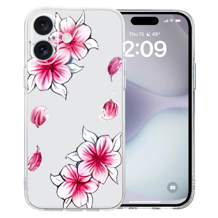 For iPhone 16 Colored Drawing Pattern Transparent TPU Phone Case(Sakura)