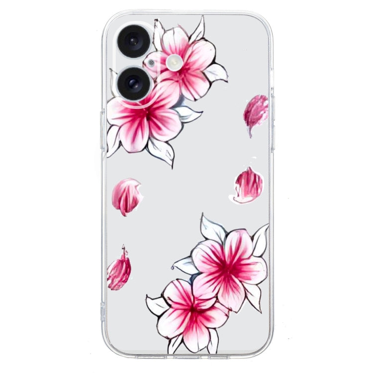For iPhone 16 Colored Drawing Pattern Transparent TPU Phone Case(Sakura)