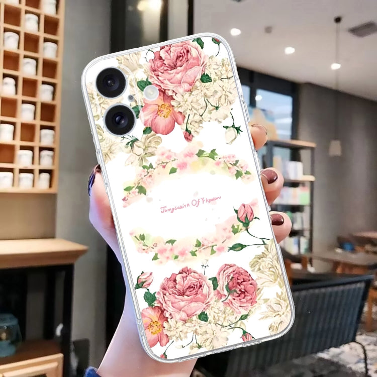 For iPhone 16 Colored Drawing Pattern Transparent TPU Phone Case(Rose)