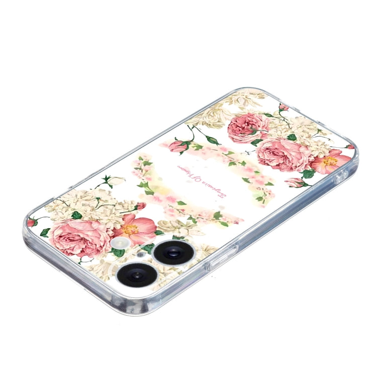 For iPhone 16 Colored Drawing Pattern Transparent TPU Phone Case(Rose)